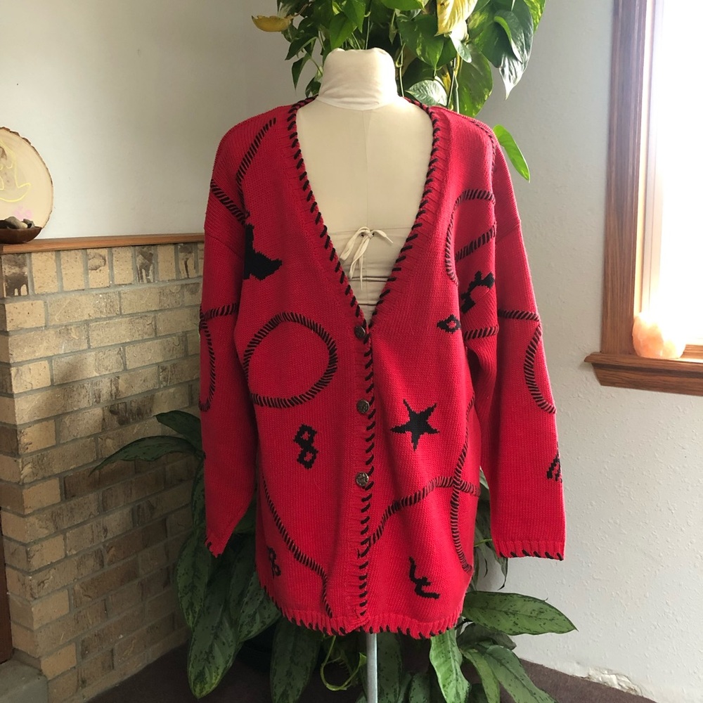 Red Western-Themed Vintage Cardigan